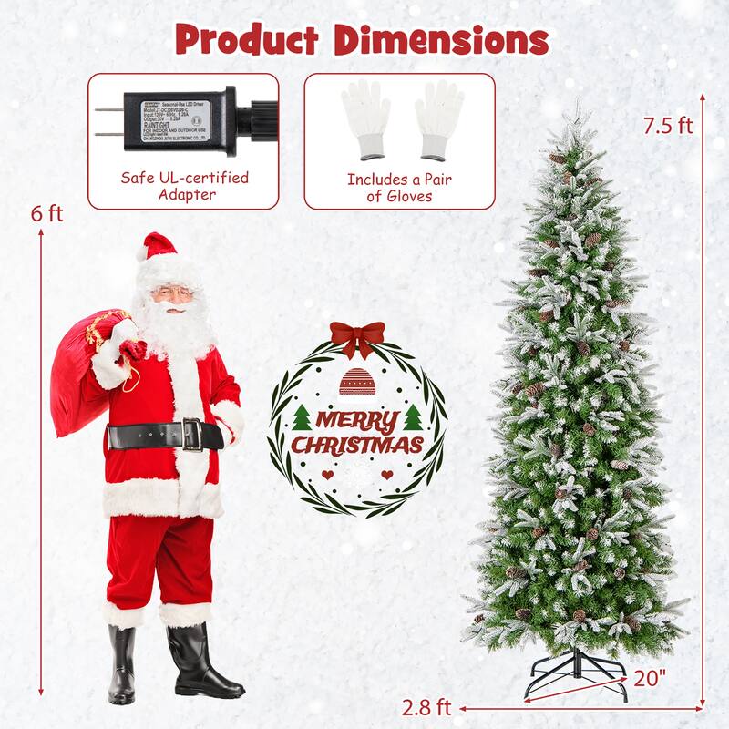 Gymax 6/7.5/9 FT Pre-Lit Artificial Christmas Tree Snow Flocked Hinged