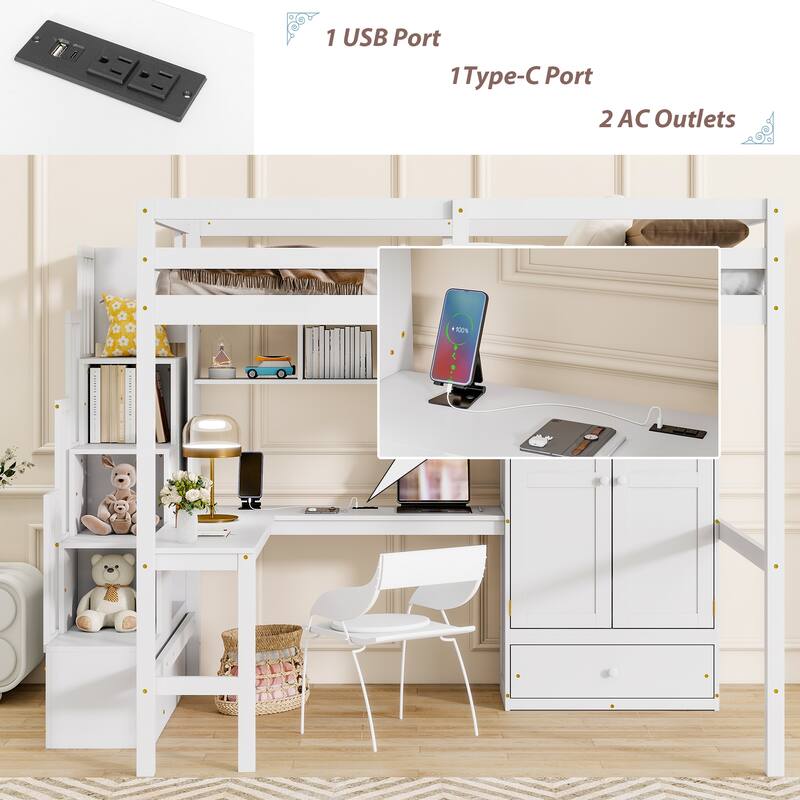 Roomfitters Full Size Loft Bed with Desk, Bookshelves and Wardrobe, Storage Staircase, Safety Guardrails, White