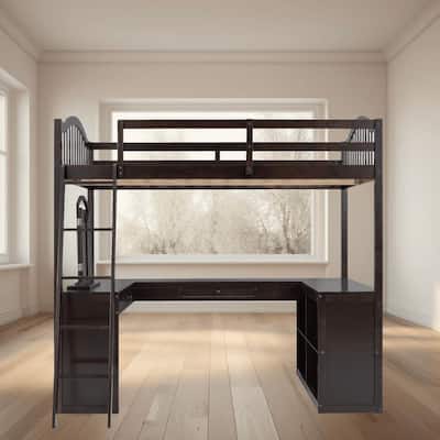 Full Size Wooden Loft Platform Bed Frame with U-Shaped Desk, Storage Compartments and Tri-Fold Mirror for Maximum Space