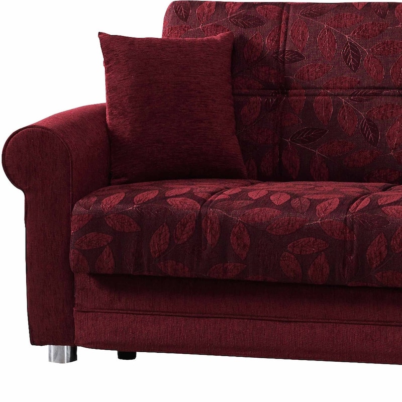 HomeRoots 89" Burgundy Chenille Convertible Futon Sleeper Sofa And Toss Pillows With Storage