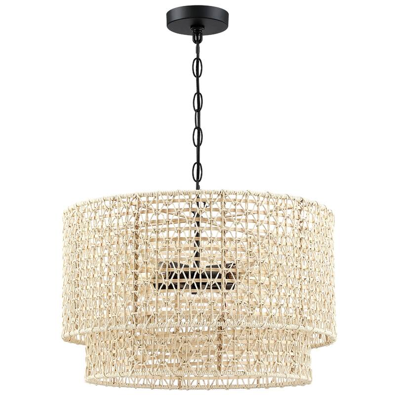 20 in. 4-Light Rattan Tiered Drum Chandelier Light with Black Canopy