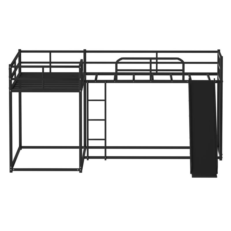 L-Shaped Metal Bunk Bed with Slide, Guardrails & Storage Space