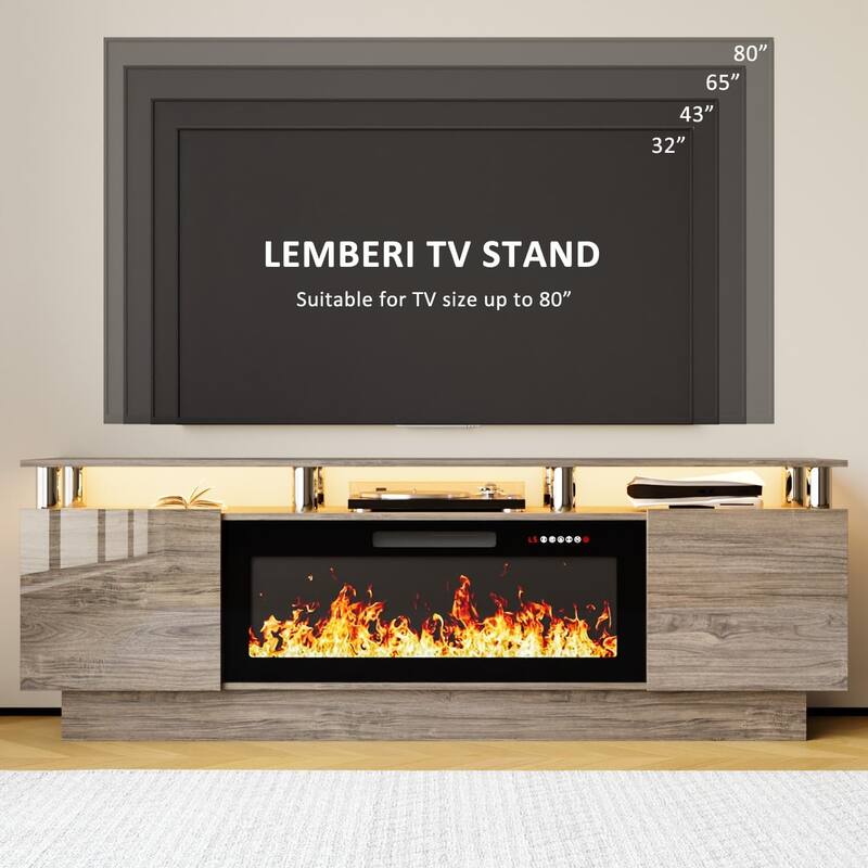 BOSSIN 70" Modern Electric Fireplace TV Stand, with Electronic Flame and LED Lights, High Gloss Finish Entertainment Center