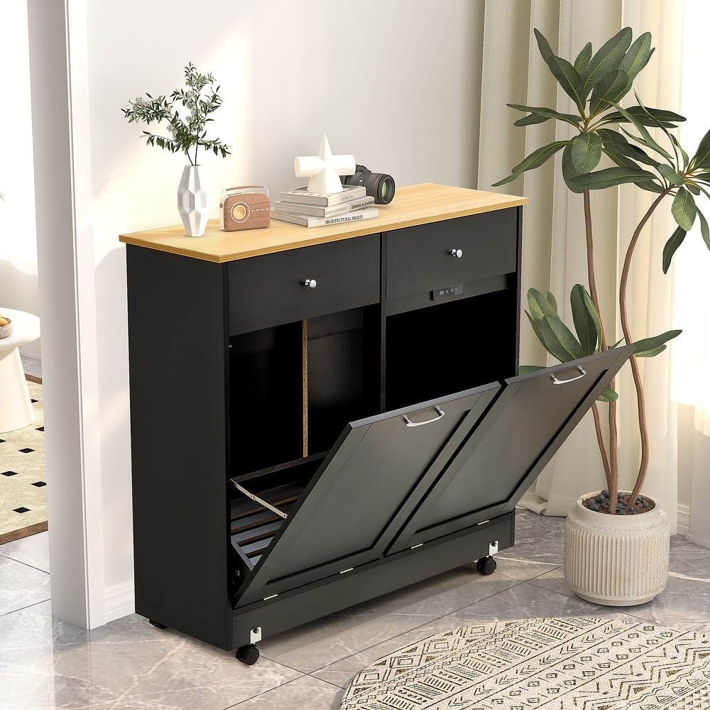 Erommy Tilt Out Trash Cabinet, Wooden Kitchen Trash Can Free Standing Waste Bin, Recycling Hideaway Garbage Can Holder