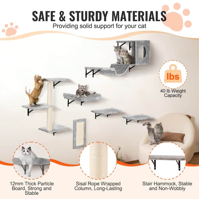 Natural Particle Board Cat Wall Set with Hammock, Sofa & Tree