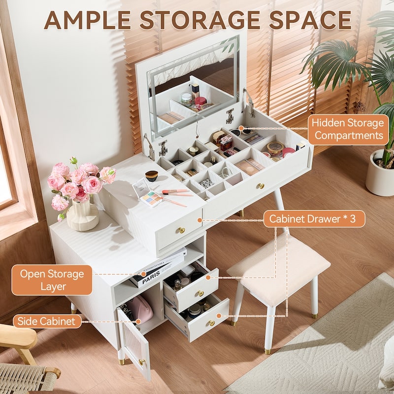 3-in-1 Vanity Desk with Lighted Flip-Top Mirror, Adjustable Side Cabinet, Makeup Table with Stool & Storage Drawers