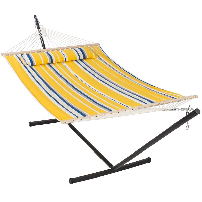 Double Hammock with 12 Feet Heavy Duty Steel Stand Combo, 2 Person Quilted Fabric Hammocks with Stand,450 LBS Weight Capacity