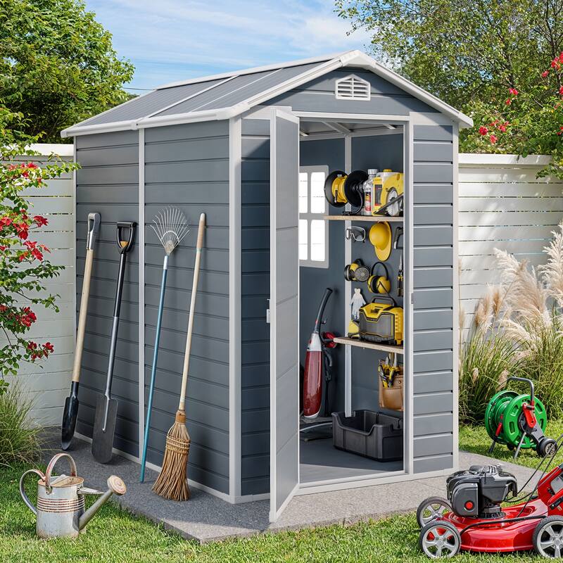 5x3 / 6x4 / 8x6 FT Outdoor Storage Shed with Floor, Resin Garden Tool Shed with Lockable Doors, Waterproof Plastic Storage Sheds