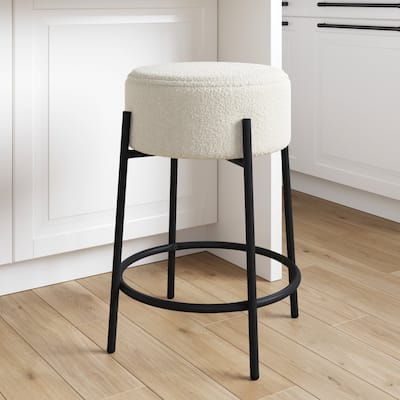Nathan James Isaac Modern Backless Metal Round Bar Stool with White Boucle Padded Seat and Metal Base