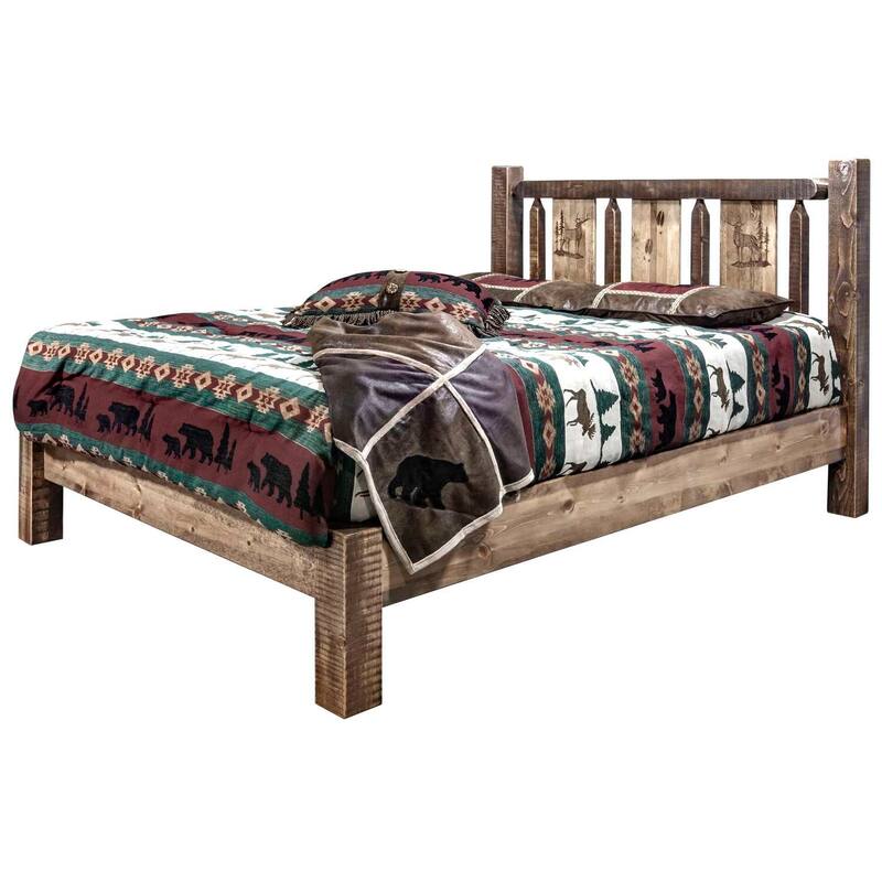Rustic King Bed - Elk Design Platform Bed - Solid Pine Wood - Durable & Stylish