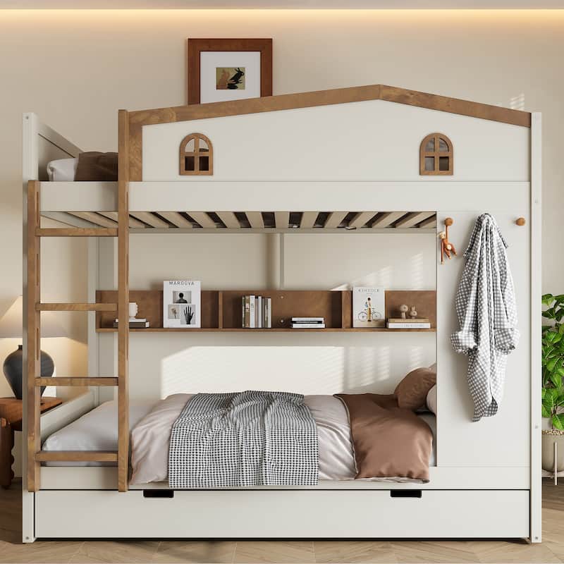 Queen over Queen Bunk Bed with Trundle, Shelves and Hooks