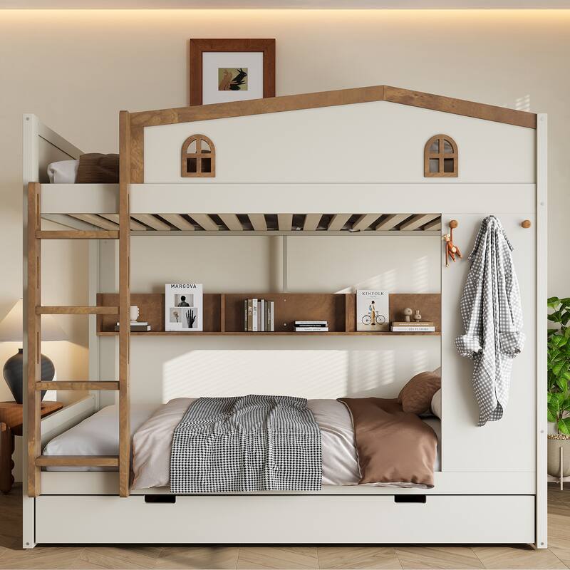 Queen over Queen Bunk Bed with Trundle and Storage Shelves, Solid Wood Bunk Beds with hooks, No Box Spring Needed