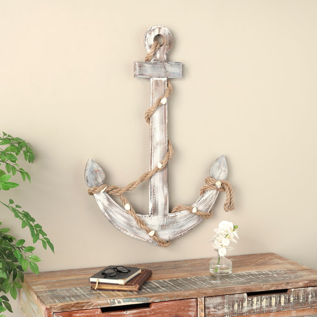 Brown Wood Handmade Anchor Home Wall Decor with Rope and Shell Accents