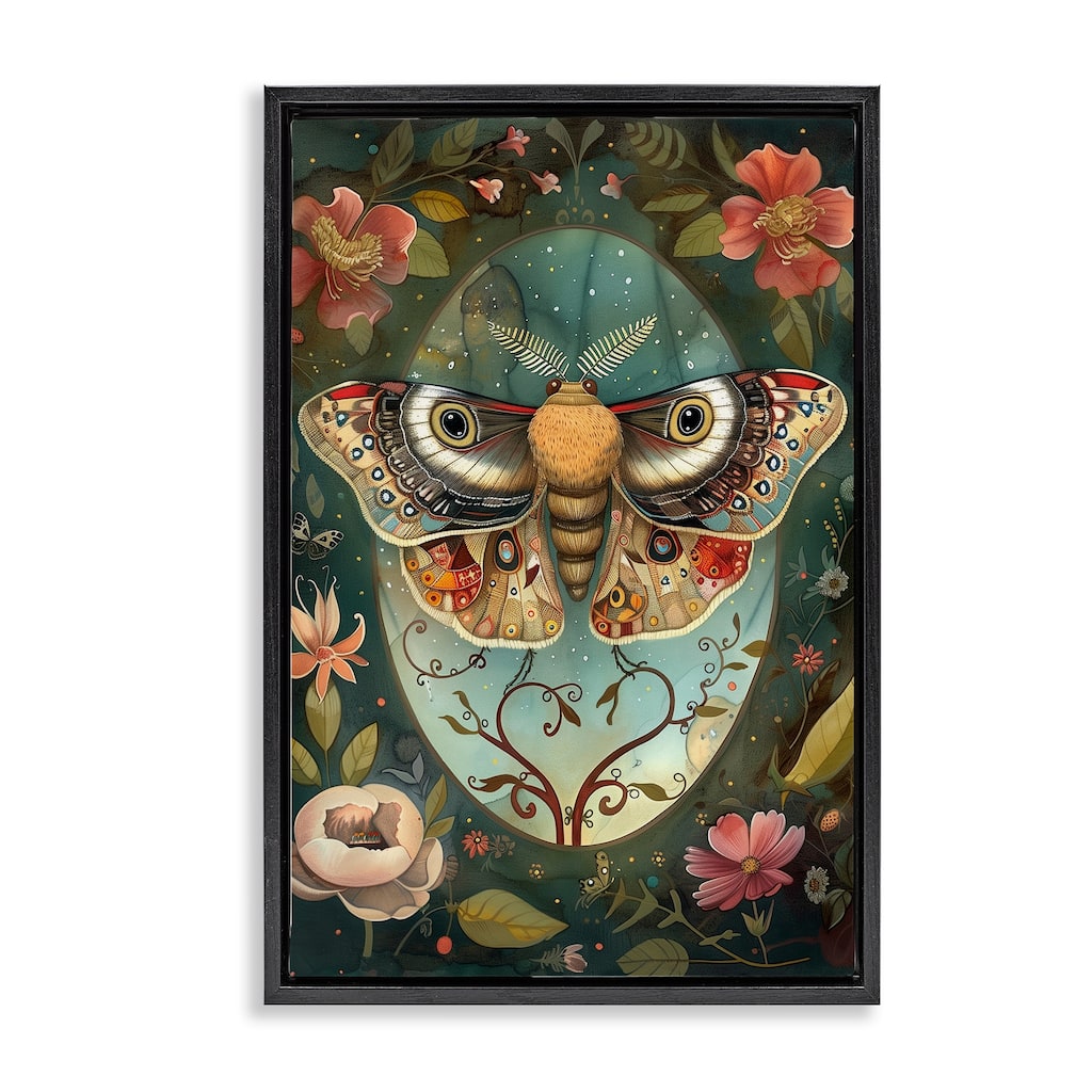 Stupell Ornate Botanicals & Moth Framed Floater Canvas Wall Art Design By The Dutch Lady