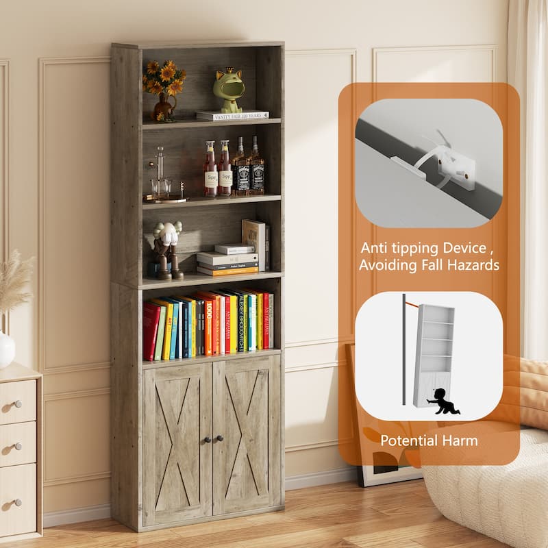 Farmhouse 6-Tier Open Bookcase and Bookshelf with Doors