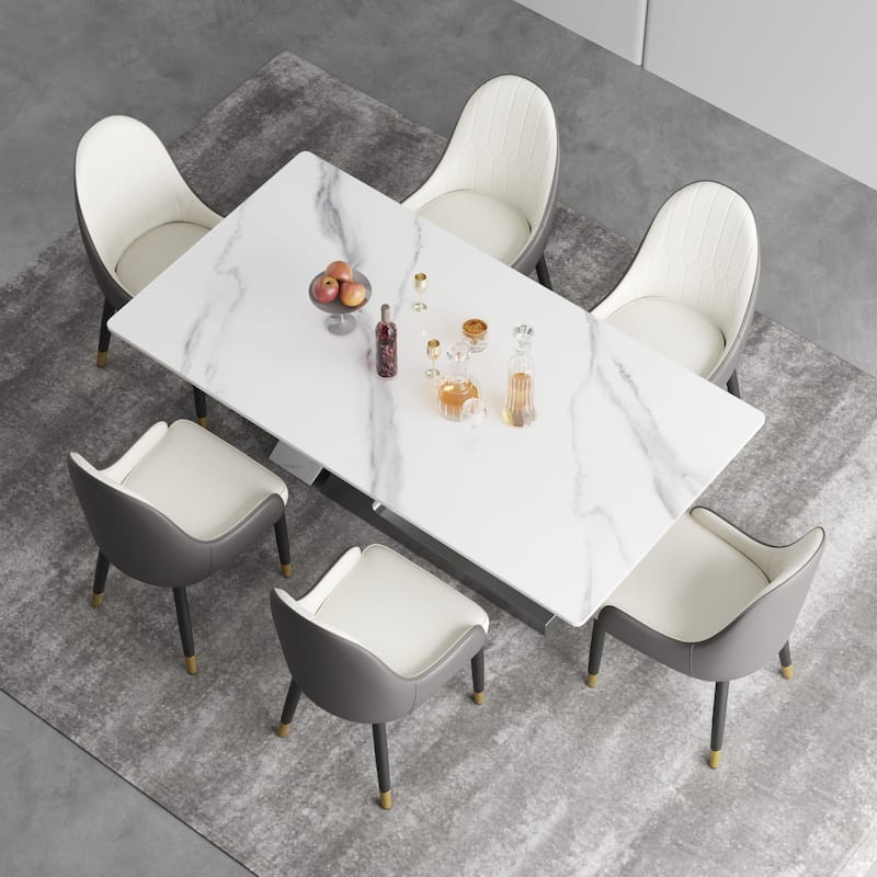 Modern Slate Kitchen Dining Table with White Rectangle Sintered Stone Top and Metal Legs -- 63''/71''/79''
