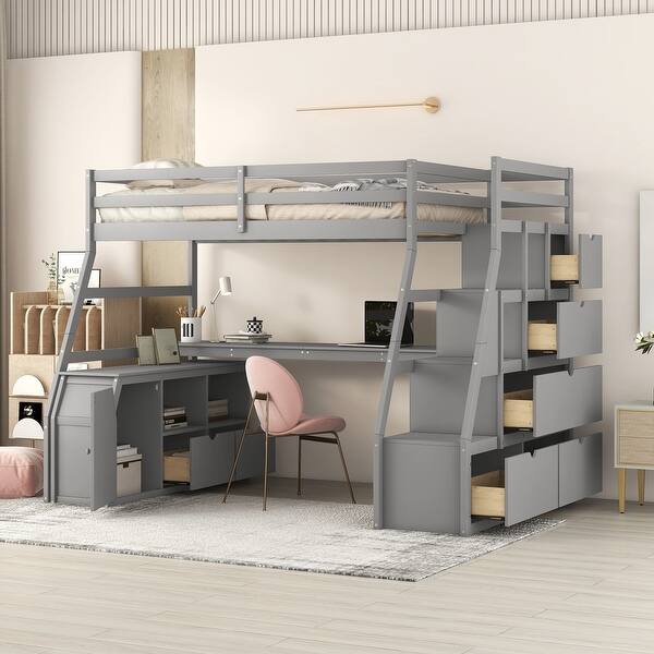 slide 2 of 9, Twin Size Loft Bed with Seven Drawers, Pine Wooden Bed with 2 Shelves, Kid's Bed with Desk for Bedroom, Grey Grey
