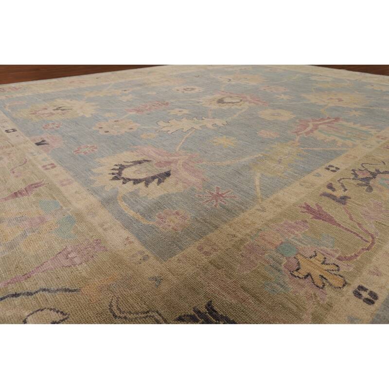 Light Blue Vegetable Dye Oushak Rug Hand-Knotted Turkish Wool Carpet - 9'0" x 11'9"