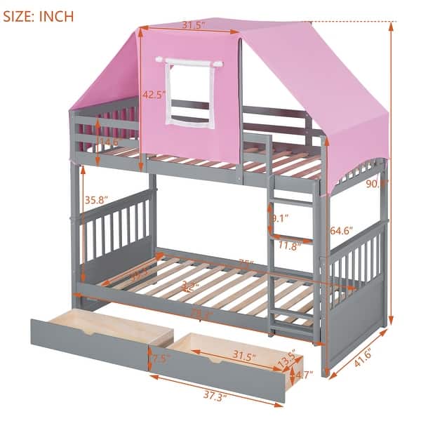 dimension image slide 0 of 4, Twin Over Twin Playhouse Style Castle Style Bunk Bed Wooden Bed Frame with Tent and 2 Drawers (No Box Spring Needed)