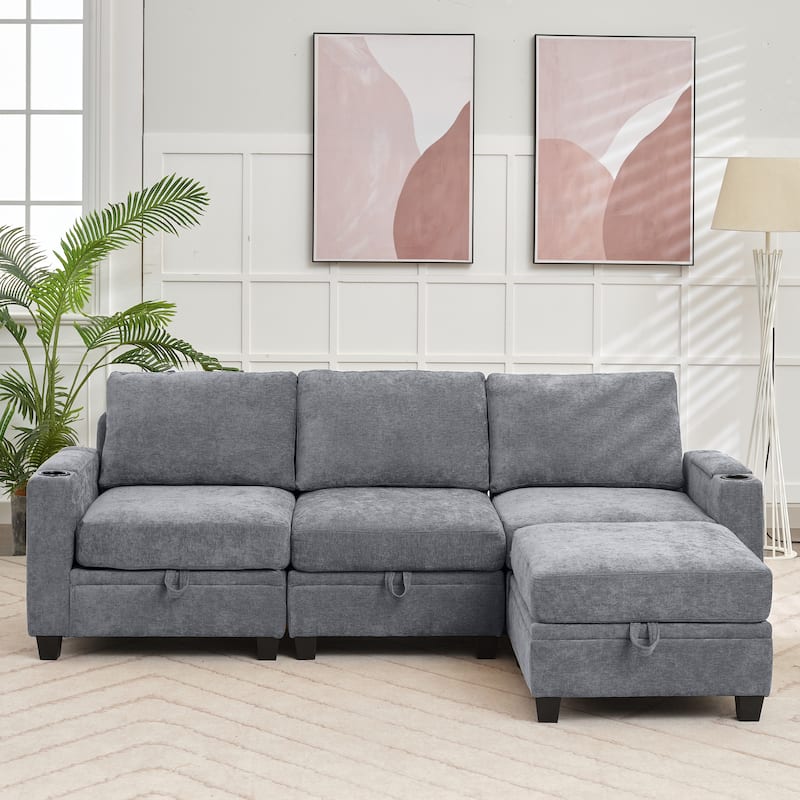Chenille Storage Sofa, 3 Seats with a Removable Ottoman - Chiseled Stone - Reversible