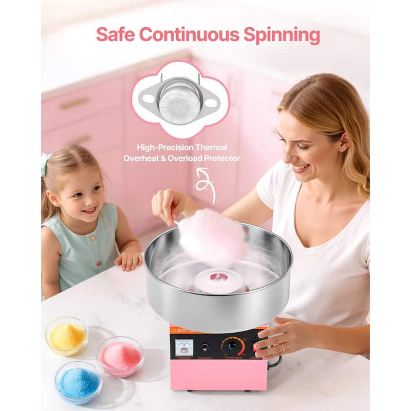 Pink Stainless Steel 1000W Cotton Candy Machine with Overheat Guard and Quick Clean - 14.96x14.96x13.31 in