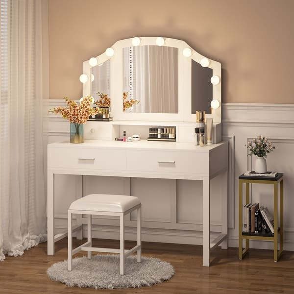 Vanity Set Dressing Table with ighted Mirror and 4 Drawers - White/gold -  Bed Bath & Beyond - 31857053