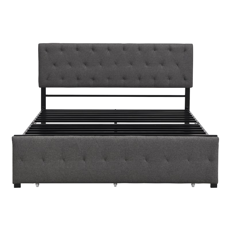 Linen Upholstered Queen Size Metal Platform Bed with Big Drawer ...