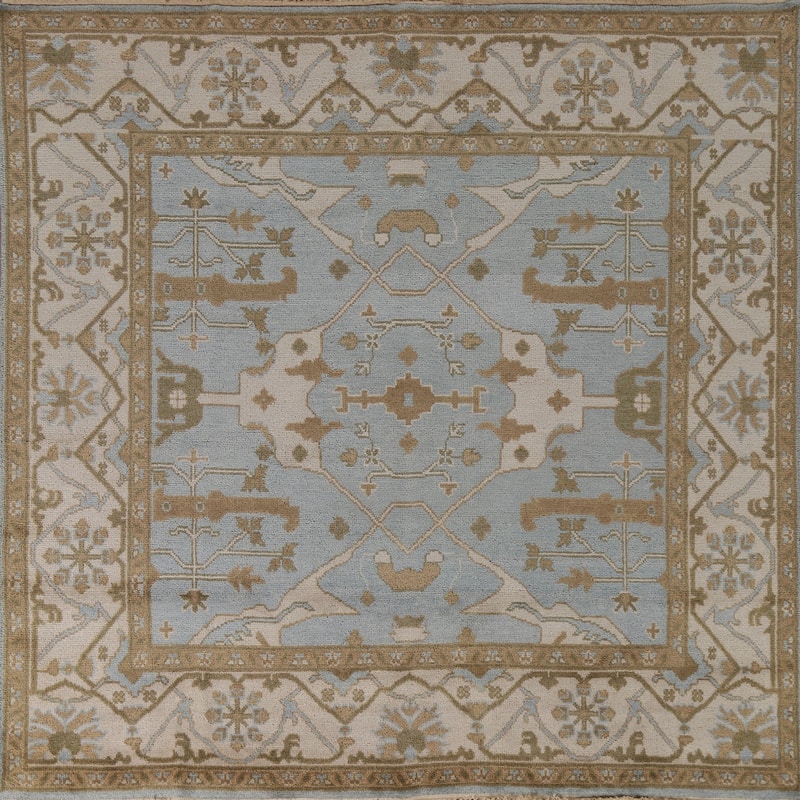 Blue Square Oushak Area Rug Hand-Knotted Wool Carpet - 8'0"x 7'8"