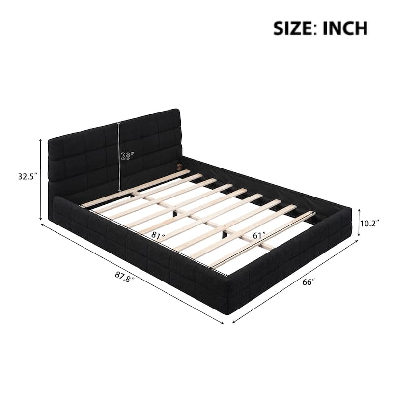 Upholstered Low Profile Bed Frame, Queen Size Platform Bed with Futon Design Headboard and Wooden Slat Support