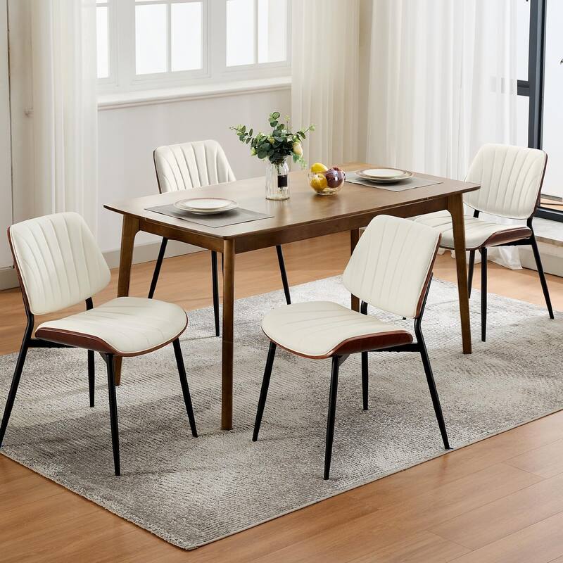 Dining Chairs Set of 2, Modern PU Leather Upholstered Accent Chairs with Shell Strips, Walnut Bentwood Back