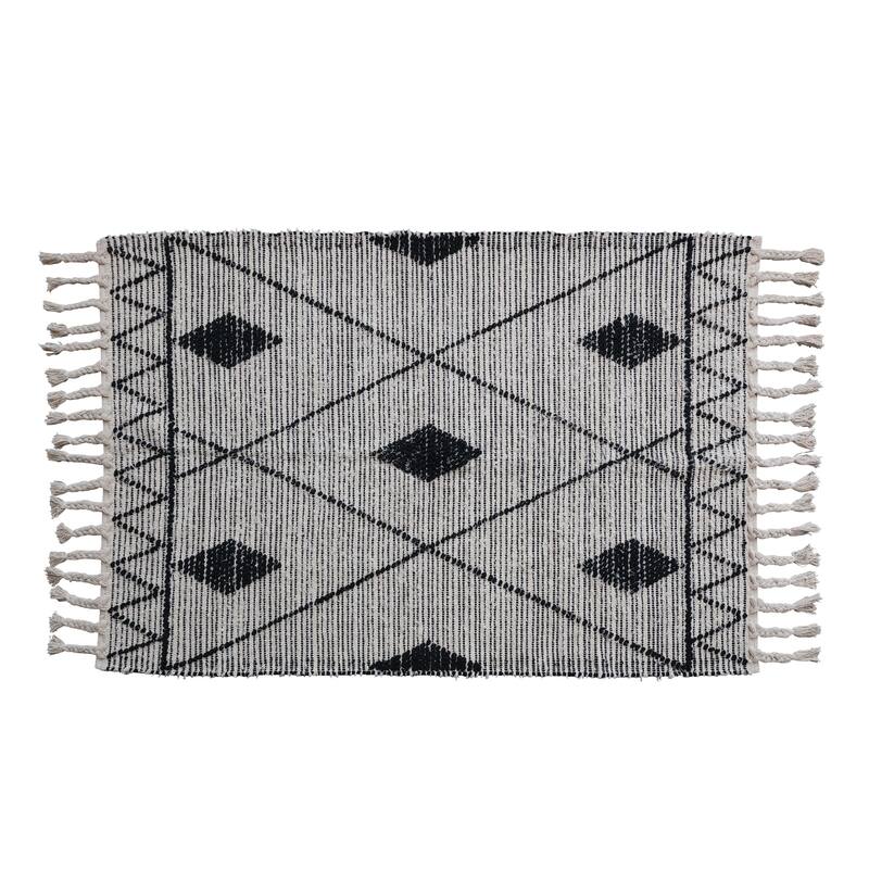 Handwoven Cotton Rug with Geometric Pattern and Fringe - 72.0"L x 48.0"W x 0.5"H - 72.0"L x 48.0"W x 0.5"H - Black