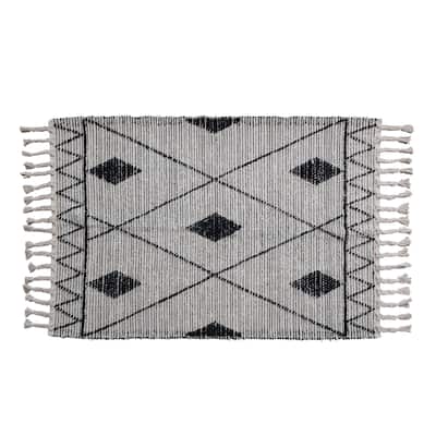Handwoven Cotton Rug with Geometric Pattern and Fringe - 72.0"L x 48.0"W x 0.5"H