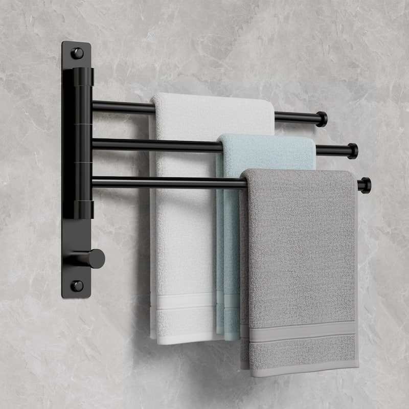 GRANDJOY Wall-Mounted Stainless Steel Swivel Towel Bar with 3 Rotatable Arms - Matte Black