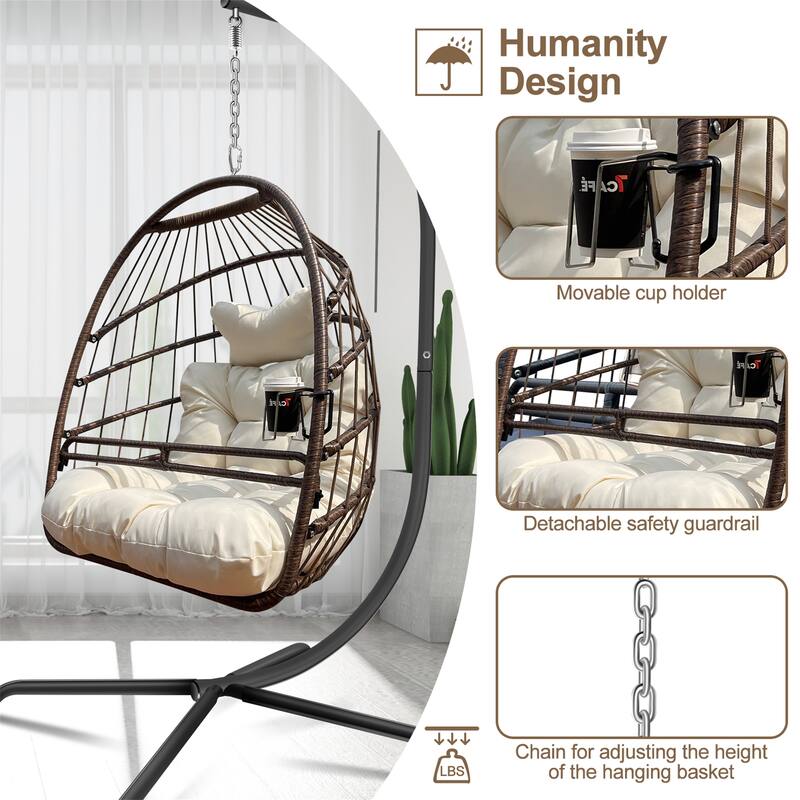 Wicker Rattan Swing Egg Chair with C Type Stand,Cushion and Pillow