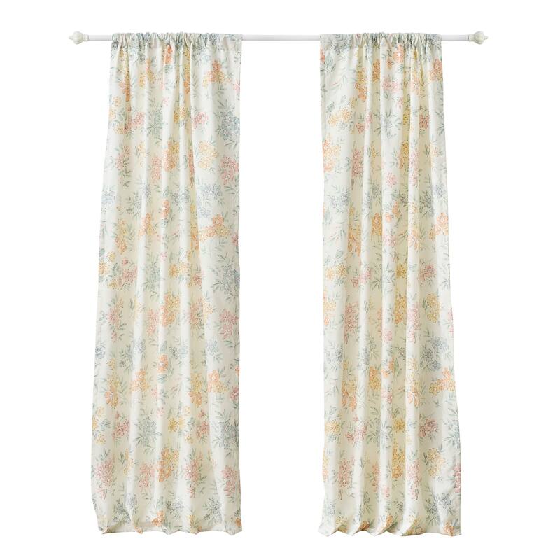 Loso 2 Panel Curtain Set, Microfiber, Soft White Green Floral Pattern