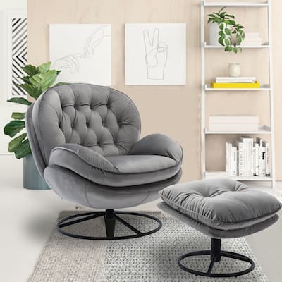 Velvet Tufted Lounge Chair and Ottoman with Swivel Metal Base