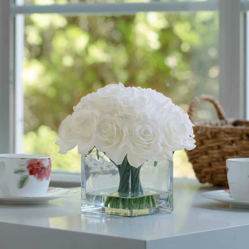 Enova Home Artificial Silk Rose Flowers in Cube Glass Vase with Faux Water for Home Office Decoration - N/A - White