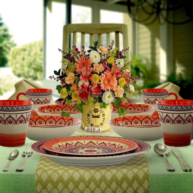 Intricate Floral Pattern Round Stoneware Dinnerware Set in Rose 16 Pieces