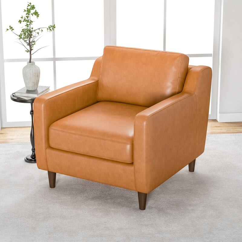 Madeline Modern Furniture Style Wide Top Leather Accent Lounge Chair in Cognac Tan Color