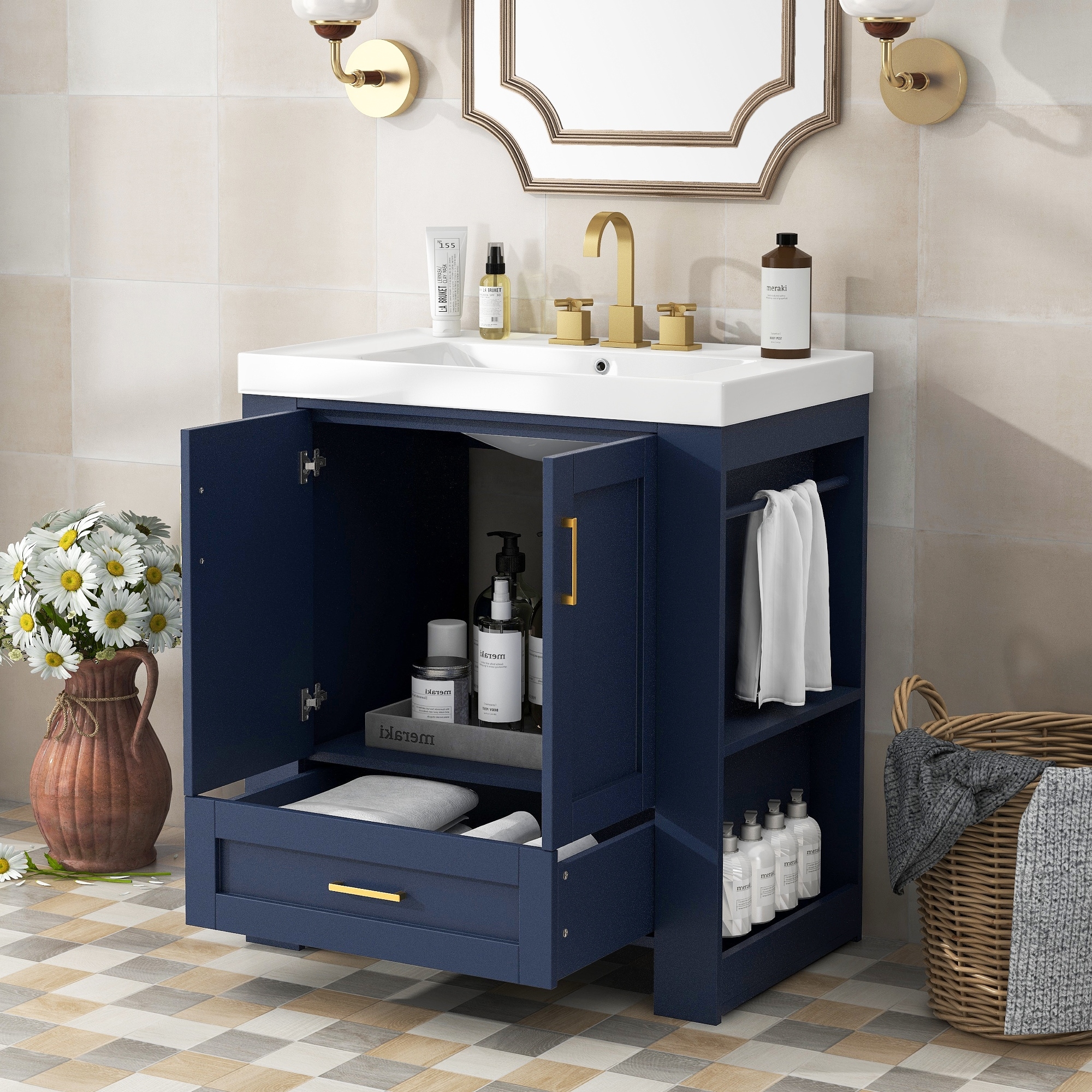 30'' Bathroom Vanity with Sink, Modern Bathroom Cabinet with Towel Rack,  Freestanding Bathroom Vanity with Drawer and Shelves
