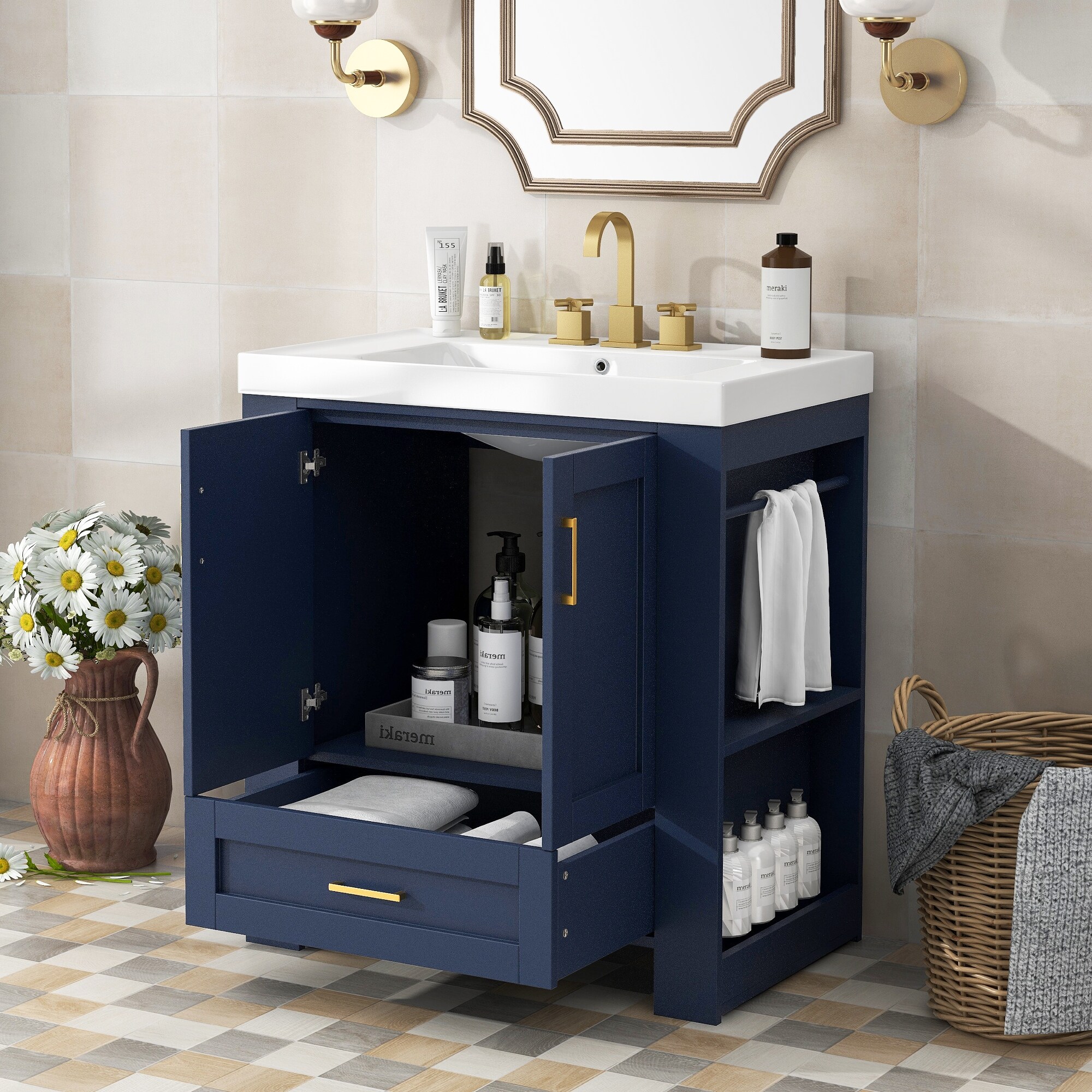 Towel bar under shop free standing sink
