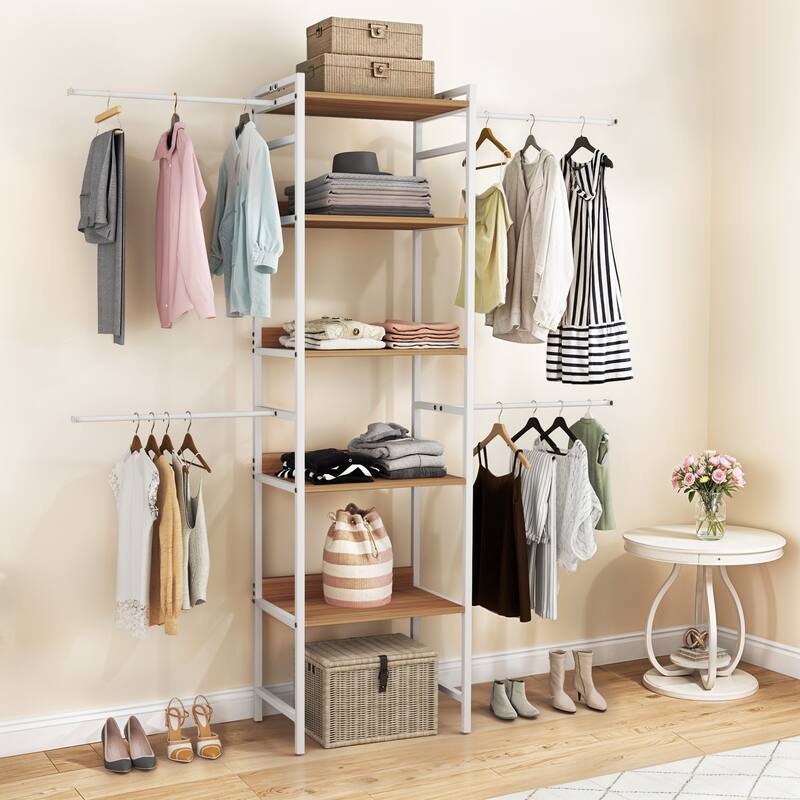 Moasis Closet Organizer with 4 Expandable Hanging Rods, Garment Rack Heavy Duty Clothes Rack with Storage Shelves