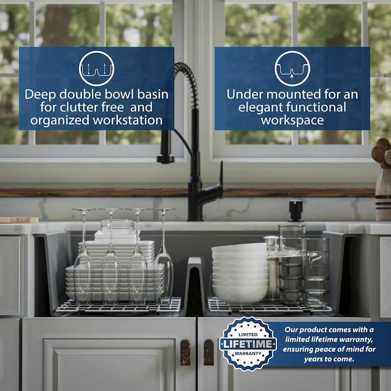 Karran QUWS-880 Undermount 32-1/2 in. Double Equal 50/50 Bowl Workstation Kitchen Sink