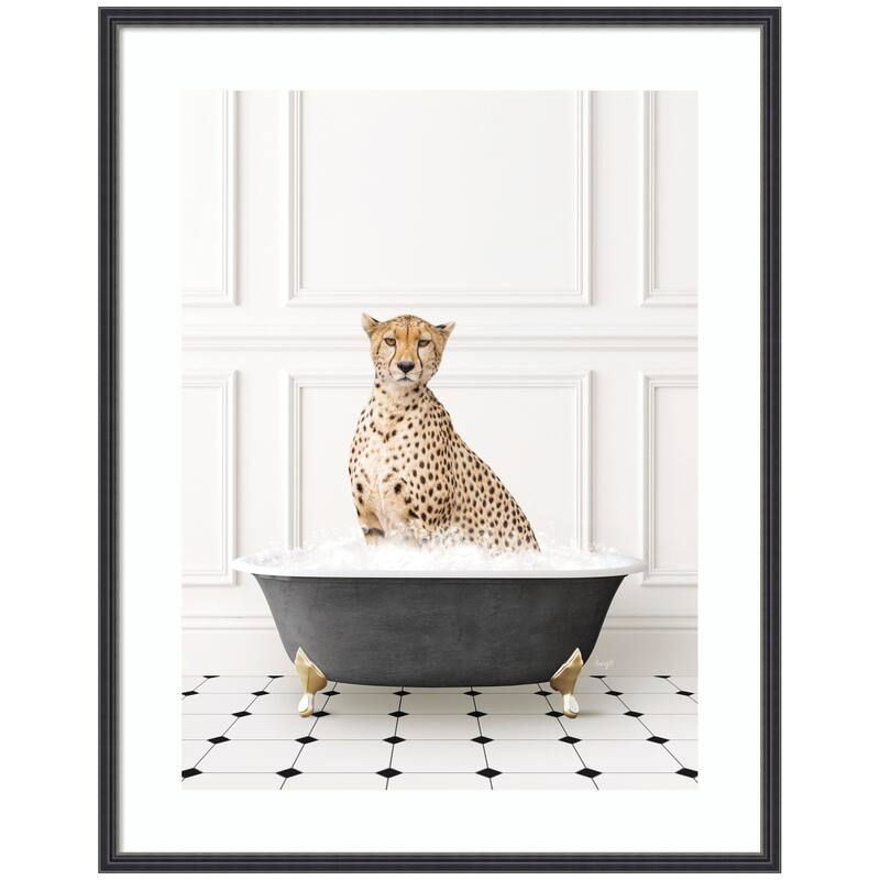 Kate and Laurel Cheetah in Classic Black and White Bathtub by Amy Peterson Framed Wall Art Print - 26 x 33 - Black