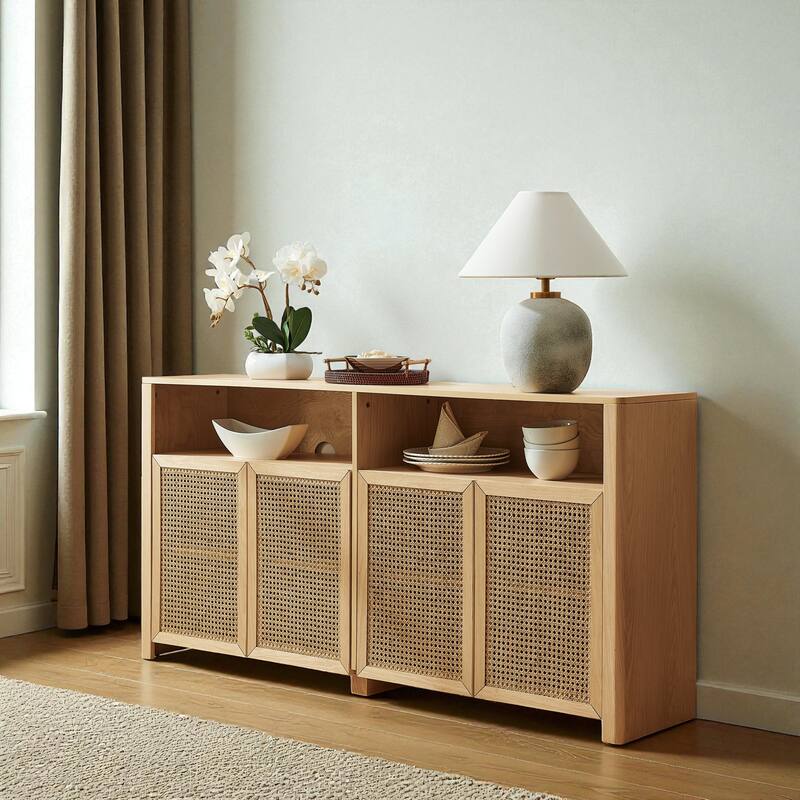 63" Mid-Century Modern Rattan Sideboard Buffet Cabinet with Adjustable Shelves, Storage Credenza for Living Room