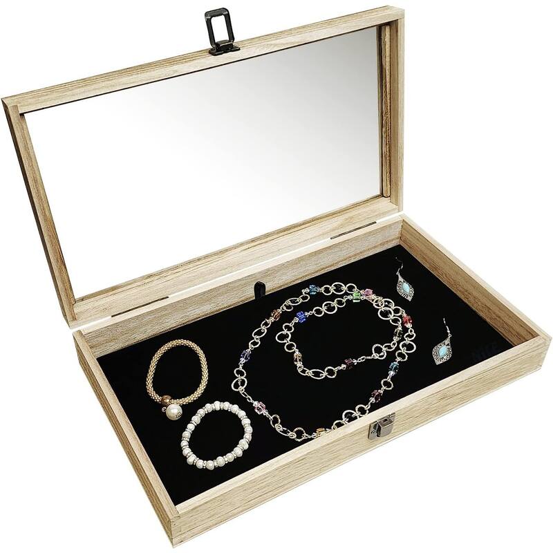 Wooden Jewelry Display Case with Tempered Glass Top & Black Velvet Pad Insert, Wooden Jewelry Tray for Collectibles - S