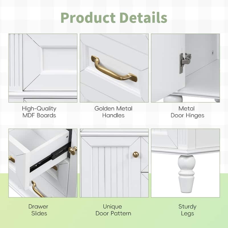 Modern 36 Inch Bathroom Vanity with Ceramic Sink, Solid Wood Frame, Golden Handles, Flip-Out Top Drawer & Storage Cabinet