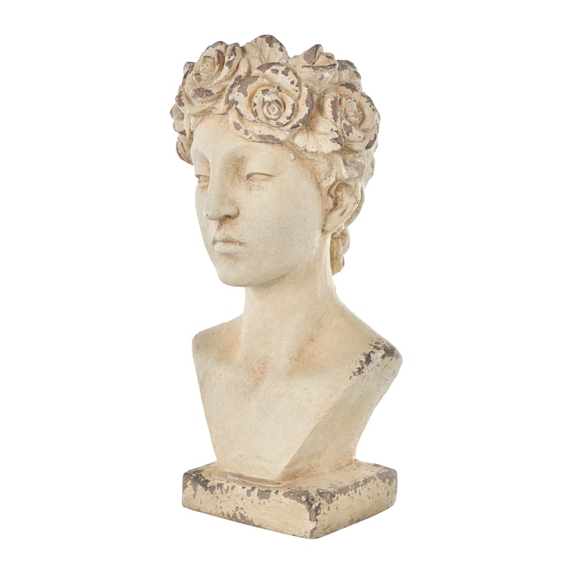 Cream Magnesium Oxide Distressed Antique Greek Bust Woman Indoor Outdoor Planter with Floral Accents