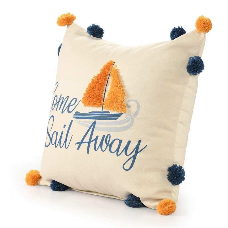 HomeRoots 20" Natural Blue And Orange Come Sail Away Throw Pillow With Pompoms And Texture