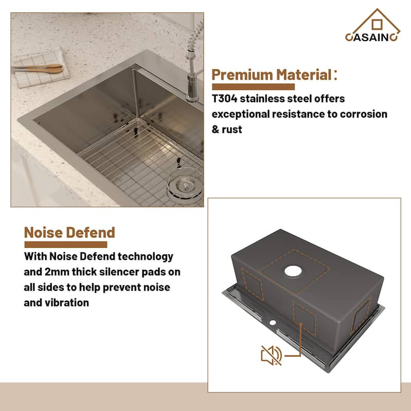 33 in. Drop-In Single Bowl 18 Gauge Brushed Stainless Steel Workstation Topmount Kitchen Sink with Sliding-Accessories